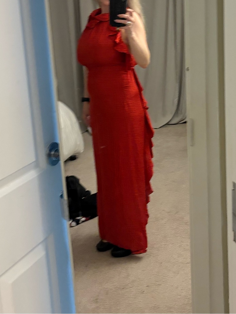 Red Ruffle Halter Evening Dress